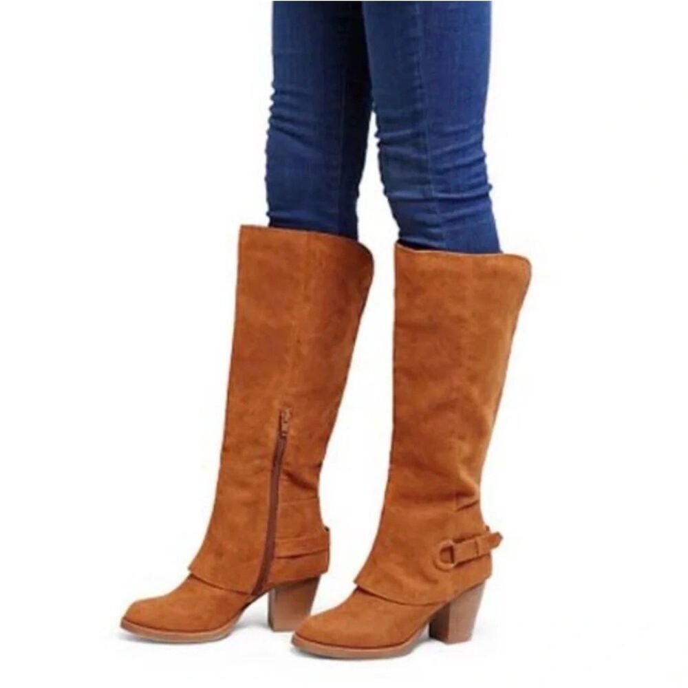 Mossimo Women’s Cognac Brown Suede Tall Boots Block Heel Side Zip | Size 10
